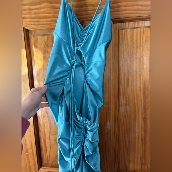 Teal Satin Criss Cross Gown - Picture 7 of 11